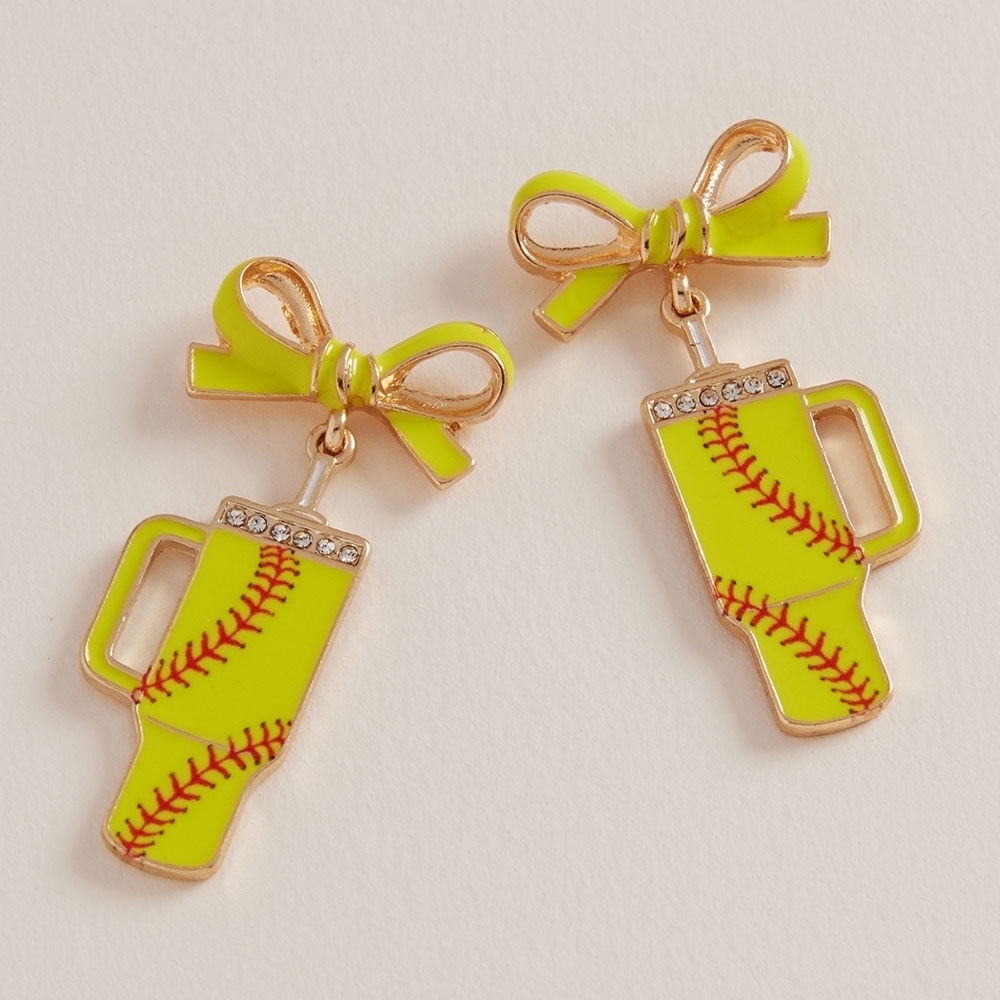 Yellow Red Bow Softtball Mug Tumbler Earrings 1.7" Game Day Sports Trendy Dangle